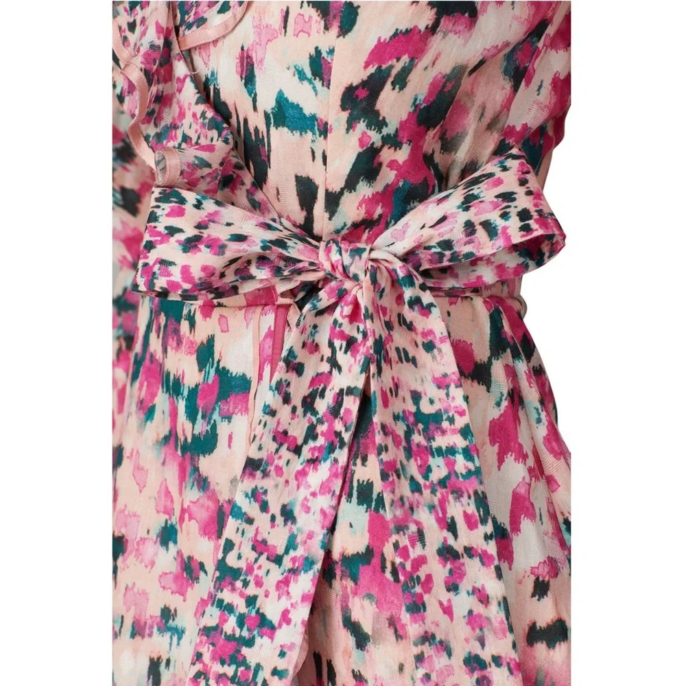 ROCOCO SAND Impressionist Floral Print Puff Long Sleeve Ruffle Wrap Mini Dress M